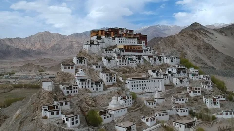 Aerial drone footage of Thiksay Gompa or Thiksay Monastery is a gompa affiliated Stock Footage 94594853