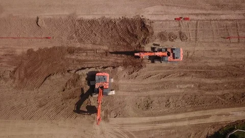 Aerial drone footage (top view) of a construction site. Stock Footage