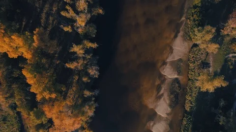 Aerial drone footage. Top view river at autumn sunset Stock Footage