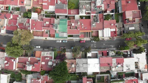 Aerial, drone footage, top view of a typical southern suburb in Mexico City. Stock Footage