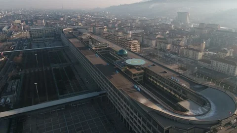 Aerial drone footage view of Lingotto overhead track in Torino Piemonte Stock Footage