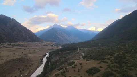 Aerial drone forward descent, mountain valley landscape Stock Footage 337407349