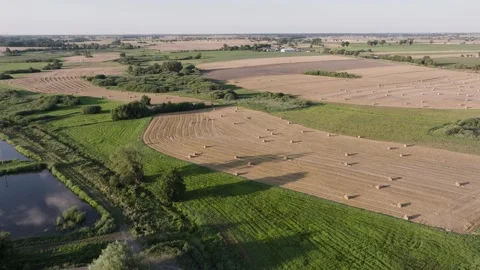 Aerial Drone Forward Flight with Gentle Left Turn Over Rural Fields Video stock 323769276