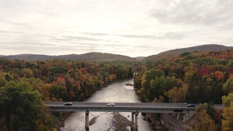Aerial Drone Forward Flight Over River and Bridge in Autumn Forest Stock Footage 321378987