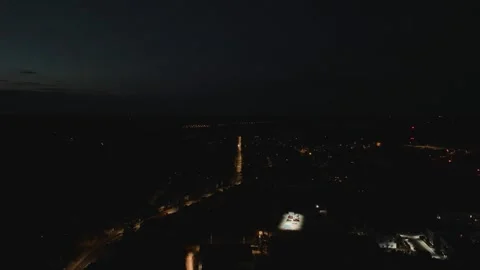 Aerial Drone Forward Flight Over Long Illuminated Night Road Stock Footage 323770000