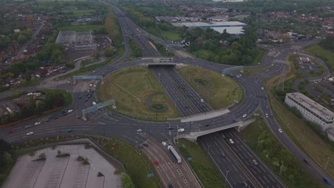 Aerial Drone Forward Flight Toward Large Motorway Roundabout Stock-Footage 334008374