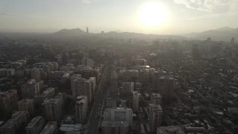Aerial Drone Forward Flight Toward City Hill In Santiago De Chile At Sunset Stock Footage 341808755