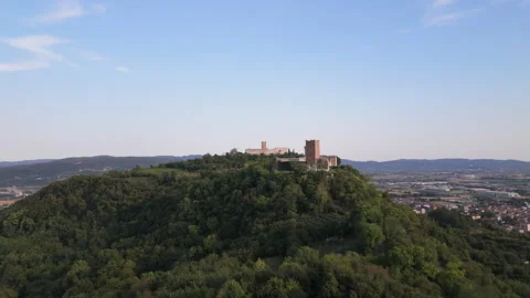 Aerial drone forward flight toward medieval castles in Italy Stock Footage 342538065