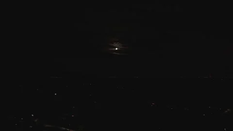 Aerial Drone Forward Night Flight Towards Moon Over City Lights Stock Footage 323769968