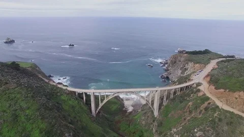 Aerial Drone Forward Push Over Bixby Bridge In Big Sur California Stock Footage 84038658
