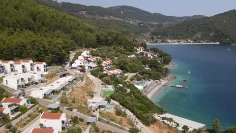 Aerial drone forward shot of Adrina Resort villas Stock Footage 336608096