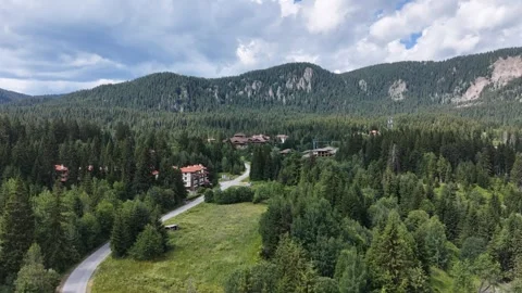 Aerial Drone Forward Shot of Mountain Resort Hotels near Smolyan Lakes in Rhodop Video stock 342396196