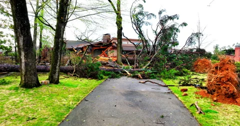 Aerial: Drone Forward Shot Of Trees Fallen Outside House Due To Tornado In Town Stock Footage 297726942