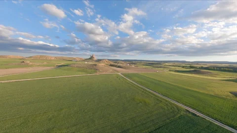 AERIAL DRONE FPV Low Flight Green fields Castle Stock Footage 170712343