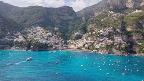 Aerial Drone Frontal View Positano Village Cliffs Boats Sea Amalfi Italy Stock Footage 337891372