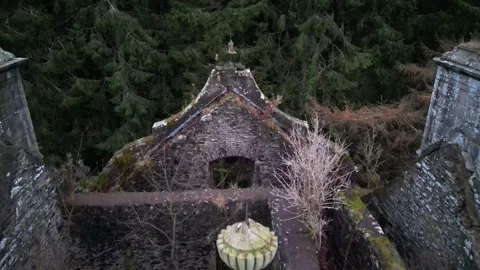 Aerial Drone Glide Over Carmichael House Ruins' Decorative Finials - 4K Stock Footage 256046627