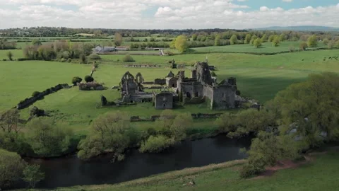 Aerial drone gliding over ancient Athassel Abbey ruins in Tipperary, Irelan.. Stock Footage 341348283