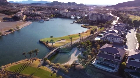 Aerial Drone Golf Course Lake Resort Flyover Stock Footage