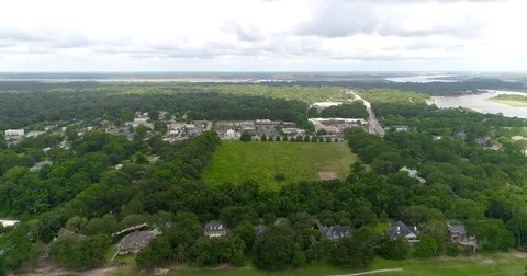 Aerial drone Golf Course on the River Near the Toll Bridge Charleston, SC Stock Footage 77012510