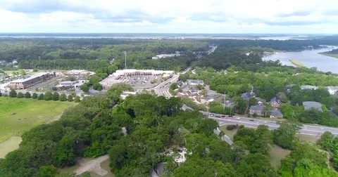 Aerial drone Golf Course on the River Near the Toll Bridge Charleston, SC Stock Footage 77012724