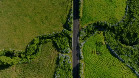 Aerial drone high-angle view of a road winding through lush green pastures Stockbeeldmateriaal 335247403