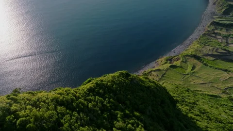 Aerial drone high-angle view of a dramatic, steep green coastal cliff dropping 库存影片 335706257