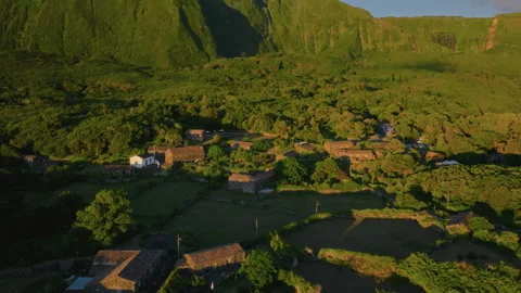 Aerial drone high-angle view of a traditional village with stone houses and 库存影片 335706686