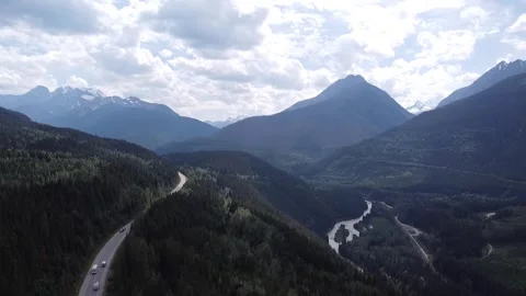 Aerial Drone Horizontal Down Motion Nature Shot of Highway &amp; Valley in BC Canada Stock Footage 248905040