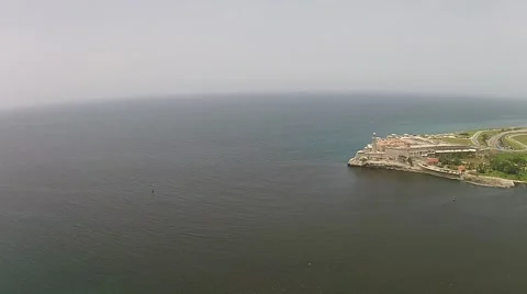 Aerial drone hover Fort Morro horizon havana bay cuba Stock Footage 58302472