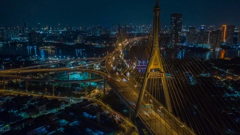 Aerial drone hyper lapse of Bhumibol bridge connecting Bangkok with Samut Prakan Stock Footage