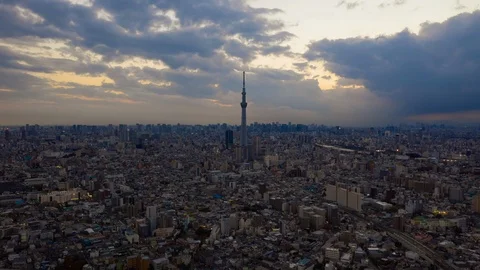 Aerial drone hyper lapse view of Tokyo Skytree with Tokyo city in background. Stock Footage
