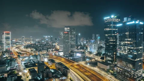 Aerial drone hyperlapse azrieli tel aviv cityscape at night Stock Footage 209535870