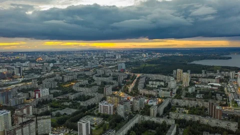 Aerial drone hyperlapse, city at sunset, Yekaterinburg City, Russia Stock Footage 119899416