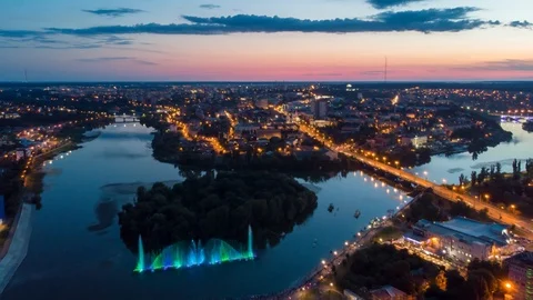Aerial Drone Hyperlapse Evening Night City River Traffic Lights Stock-Footage 118247739