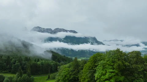 Aerial drone hyperlapse of Gesause national park Austria with low hanging clouds Stock Footage 278213807