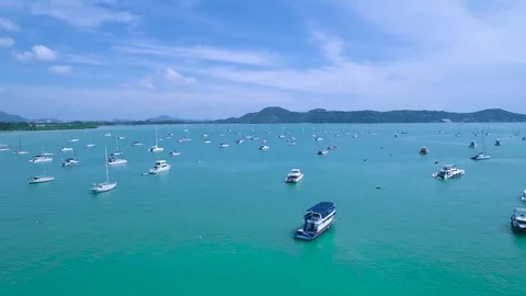 Aerial: Drone hyperlapse. Many ships are in the bay. Stock Footage 83404980