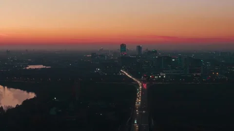 Aerial drone hyperlapse panoramic view of Bucharest city skyline at dusk Stock Footage 145643027