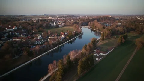 Aerial Drone Hyperlapse of River Amper &amp; City Dachau in Germany, Bavaria Stock Footage 174115535