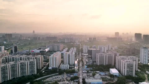 Aerial drone hyperlapse time lapse passing between skyscrapers multistory Video stock 290006885
