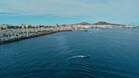 Aerial drone image of the harbor and marina complex with sailboats waiting to Foto stock