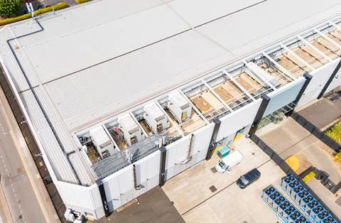 Aerial drone image of a modern data centre roof Stock Photos