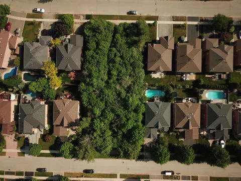 Aerial drone image (top down) of suburban houses on a sunny summer day. Stock Photos