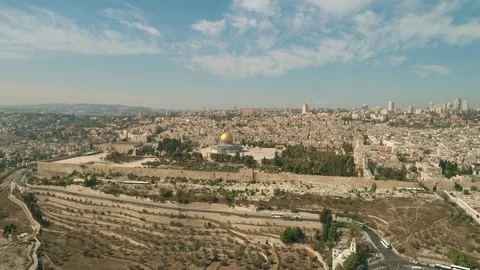 Aerial drone Israel Jerusalem Emek Tzurim Al-Aqsa Mosque on temple mount Stock Footage