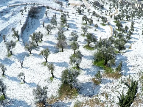 Aerial drone Israel Middle Eastern city Jerusalem snow Mount Scopus lookout Stock Footage 79078600