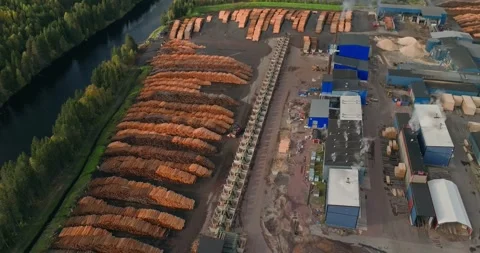 Aerial Drone Lapse of Timber Processing Facility in Sweden with Conveyor Belt 스톡 동영상 348143828