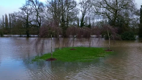 Aerial drone lateral view of flooding at Ondines Park, Changé in Mayenne Video stock 301676305