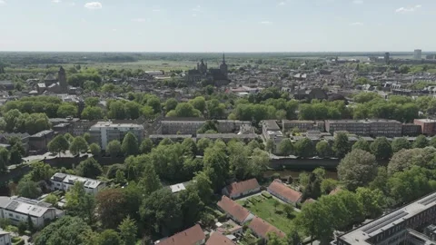 Aerial Drone Left Approach of Gothic European Cathedral in Old City Center Stock Footage 308820573