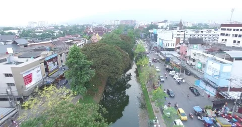 Aerial Drone Low Moat Flyover Chiang Mai 스톡 동영상 76913249