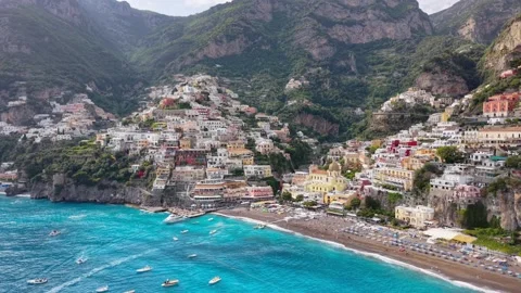 Aerial Drone Low View Positano Crowded Beach Church Vivid Sea Amalfi Italy Stock Footage 337889520