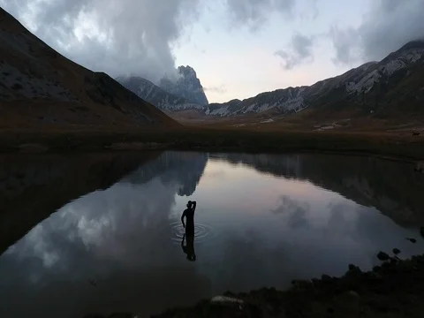 Aerial Drone of Man in Mountain Stockbeeldmateriaal 73549331